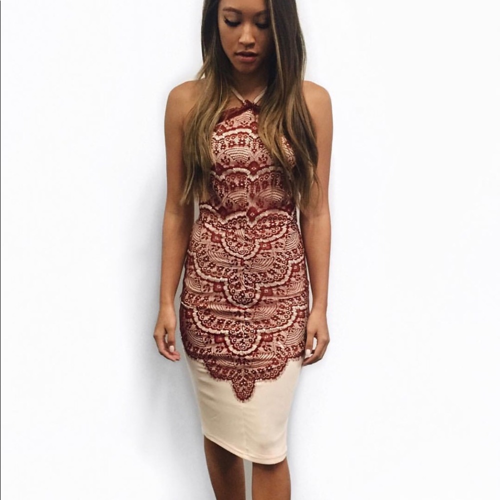Red lace midi dress